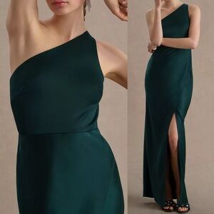 BHLDN Dylan One Shoulder Satin Side Slit Gown Dress Dark Emerald Green NEW 10